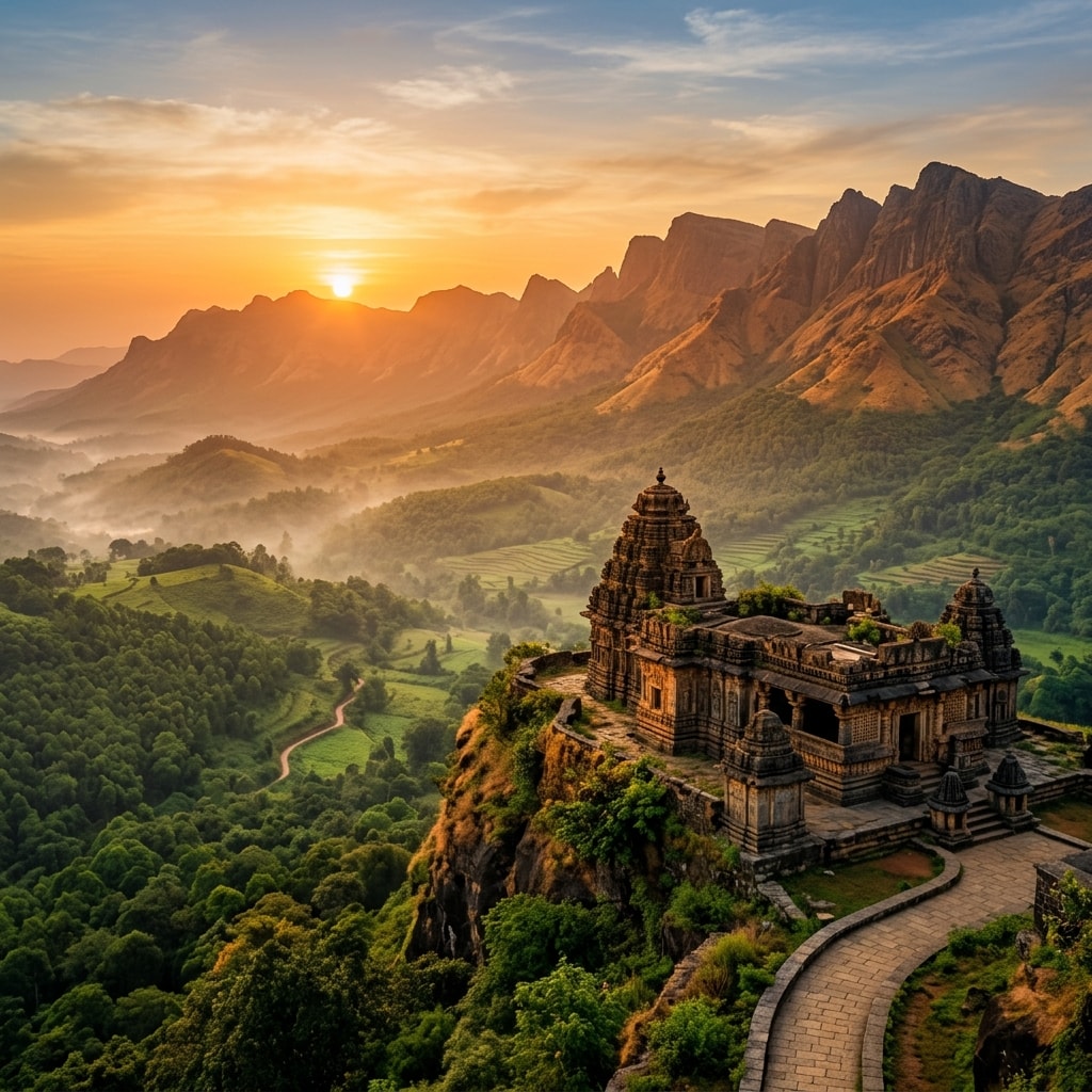 Scenic Karnataka mountain peaks at sunrise with ancient temple stone arches Vihana Holidays key visual